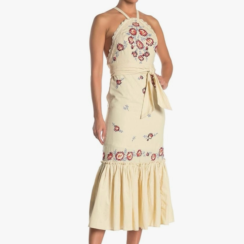 Free People Chrysanthemum Kiss Embroidered Midi Dress, Ecru Combo